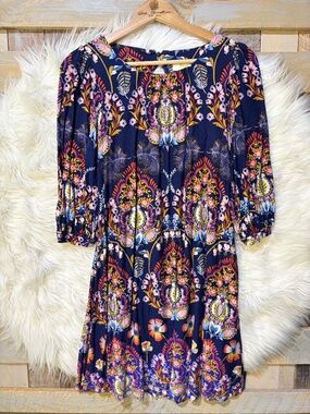 EUC {Maeve · Anthro} Boho Blue Floral Peasant Keyhole 3/4 Sleeve Midi Dress | XS